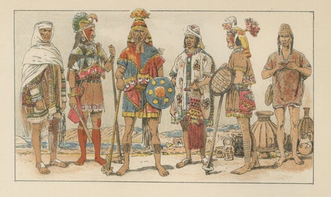 Inca Empire Costumes, Antique Lithograph of Inca Clothing, Max Tilke c.1880, close-up 1
