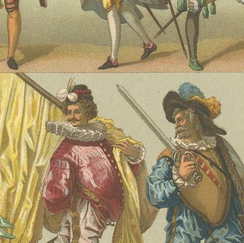 Pl. 72 Antique Print of French XVIth Century Costumes by Racinet, circa 1880, close-up 2