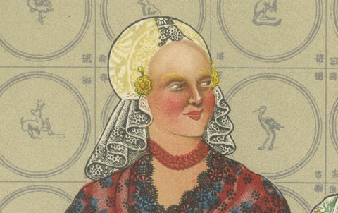 Friesland Gala Dress with Gold Caps and Coral, Dutch Print, 1932, close-up 1