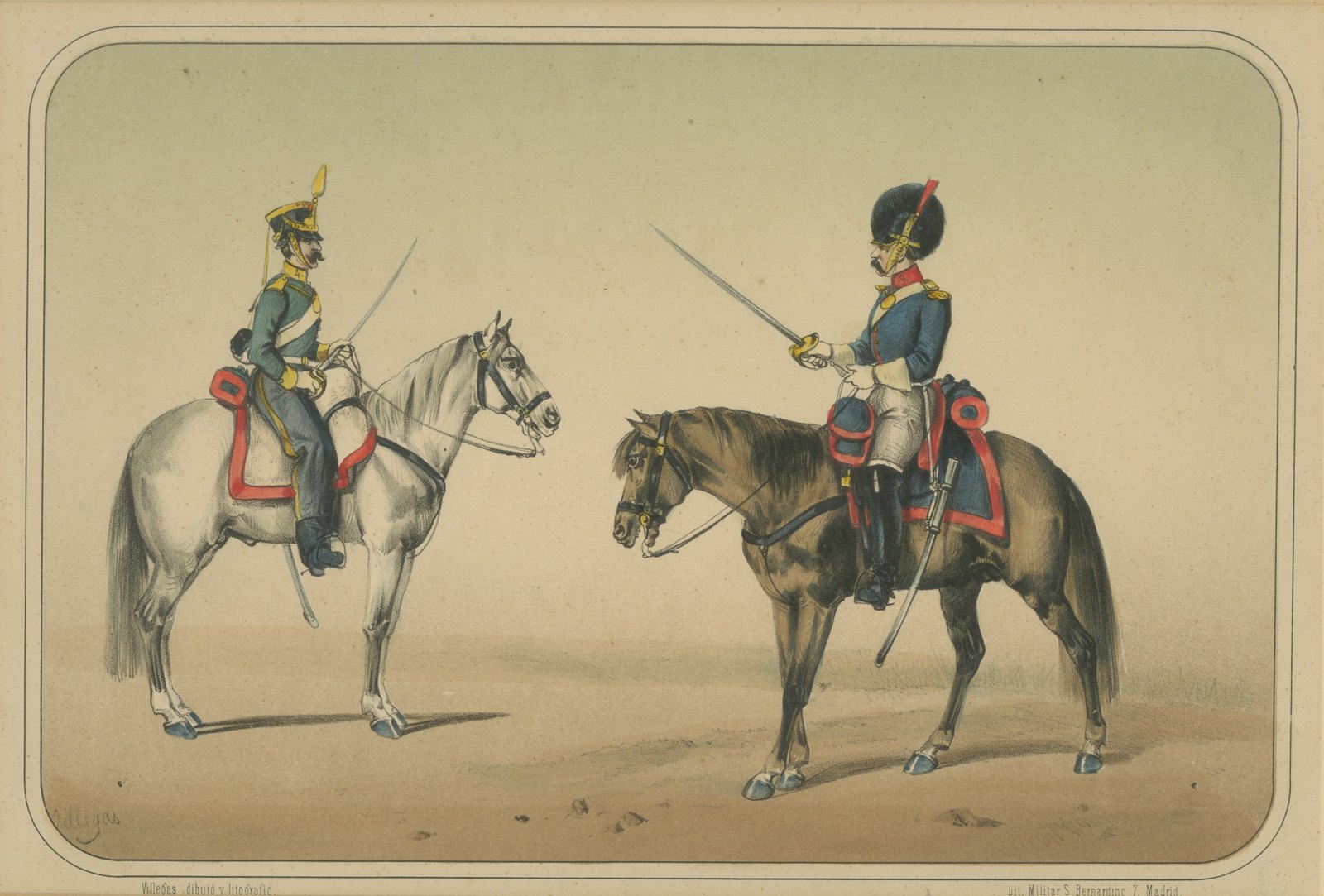 Two Spanish Cavalrymen in Crested Helmet and Bearskin Cap, Villegas, 1861