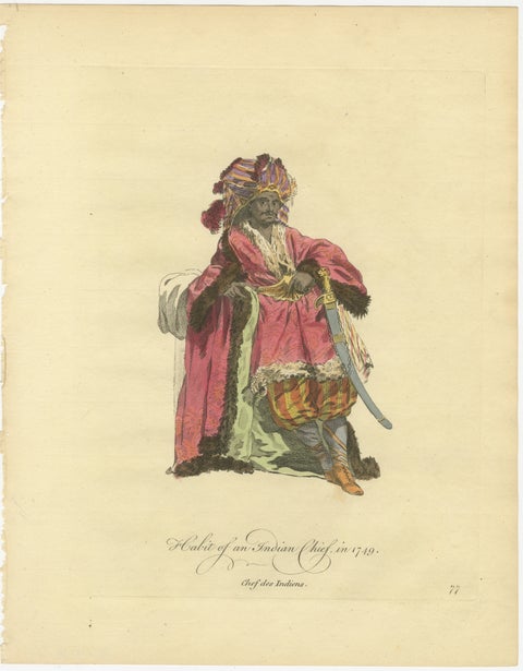 Antique Costume Print, Indian Chief, Exotic Dress & Arms, 1749, view 2