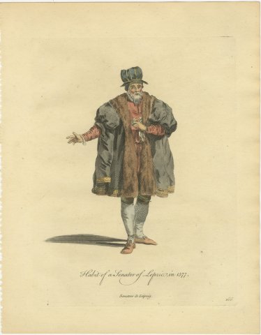 Senator of Leipzig in Fur-Faced Gown and Striped Hat, Costume of 1577, 1757, view 2
