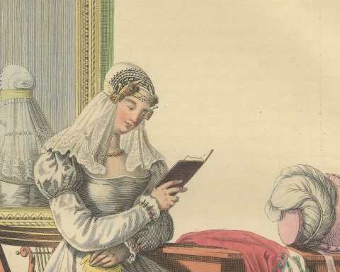 North Holland Lady in her Drawing Room, Dutch Costume Print, circa 1820, close-up 1