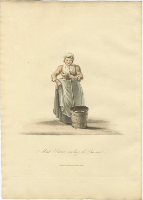 Maid Servant washing the Pavement, Dutch Cleanliness, Antique Print, 1817, view 2