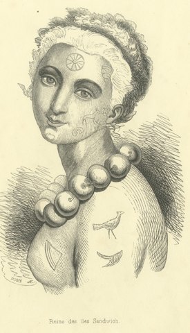 Queen of the Sandwich Islands, Antique Wahlen Costume Print, 1843-1844