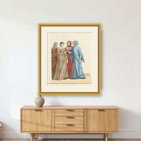 Medieval Italian Courtship c.1300s, Nobles in Historic Dress, Print 1845, shown framed on a wall