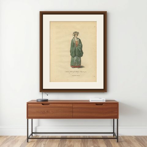 Chinese Lady in Traditional Dress, Antique Costume Print, Jefferys, 1749, shown framed on a wall