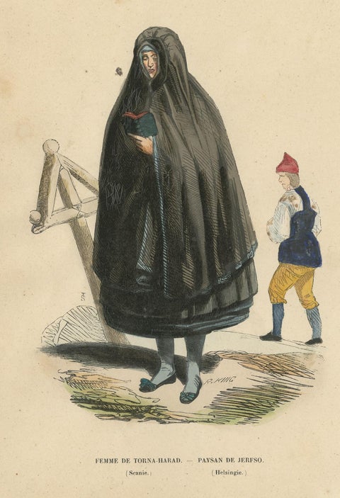 Antique Costume Print of a Female and Peasant in Scandinavian Costume by Wahlen, view 3