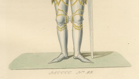 Joan of Arc in Armor, Antique Hand-Colored Costume Lithograph, c.1845, close-up 3