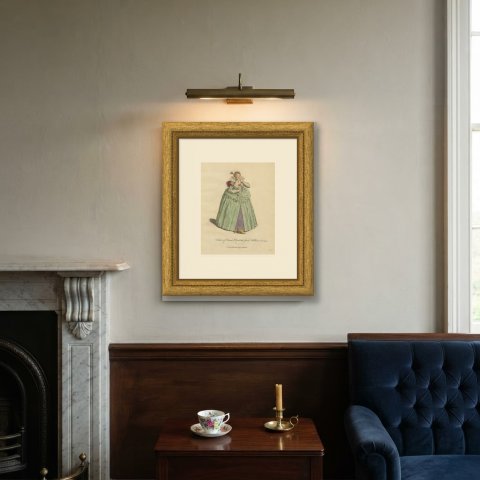 Habit of Queen Elizabeth from Holbein in 1551, Jefferys Costume Plate, 1757, shown framed on a wall