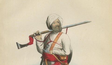 Antique Afghan Soldier Print, Hand-Colored Military Costume Lithograph, 1852, close-up 1