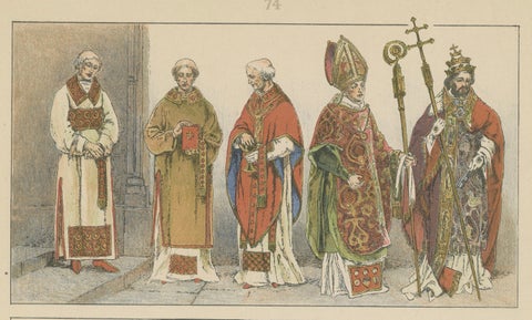Renaissance and Baroque Clergy Dress, Antique Lithograph, ca.1880, close-up 2