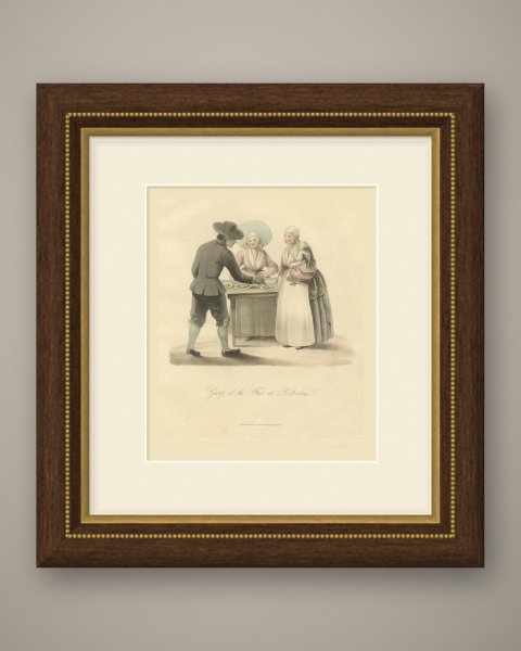 Group at the Fair at Rotterdam, Antique Ackermann Costume Print, 1817, shown framed