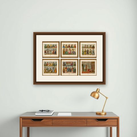 Set of 6 Persian Costume & Interior Chromolithographs by Racinet, 1888, shown framed on a wall