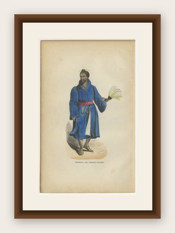 Antique Ryukyu Islands Costume Lithograph, Okinawan Noble Figure, 1852, shown framed