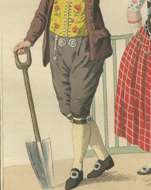 Well Pernelle, a Man with a Spade and a Young Woman, Dutch Costume Print, 1811, close-up 2
