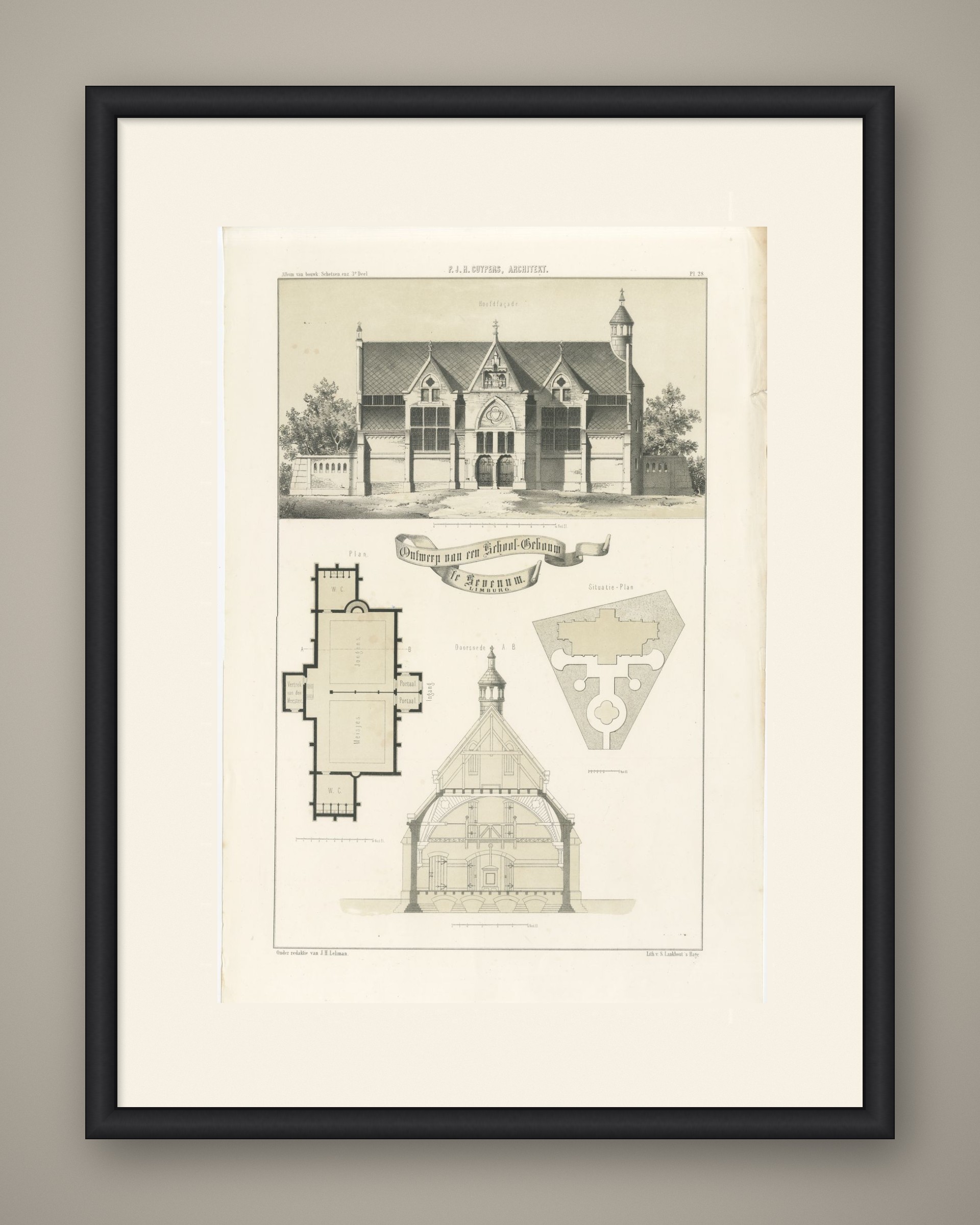 Cuypers Gothic School, Limburg, Dutch Architecture Print, Leliman, 1865-1866, shown framed