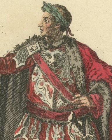 Coriolanus in the Tragedy of Coriolanus, Georgian Stage Costume, Jefferys 1757, close-up 1