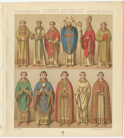 Medieval European Clergy Costumes by Racinet, Gothic Vestments, 1888, view 2