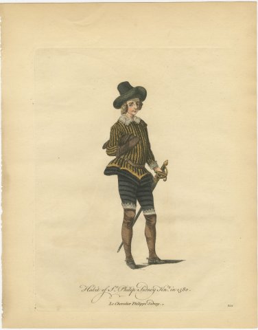 Habit of Sir Philip Sidney in 1580, Hand Colored Jefferys Costume Plate, 1757, view 2
