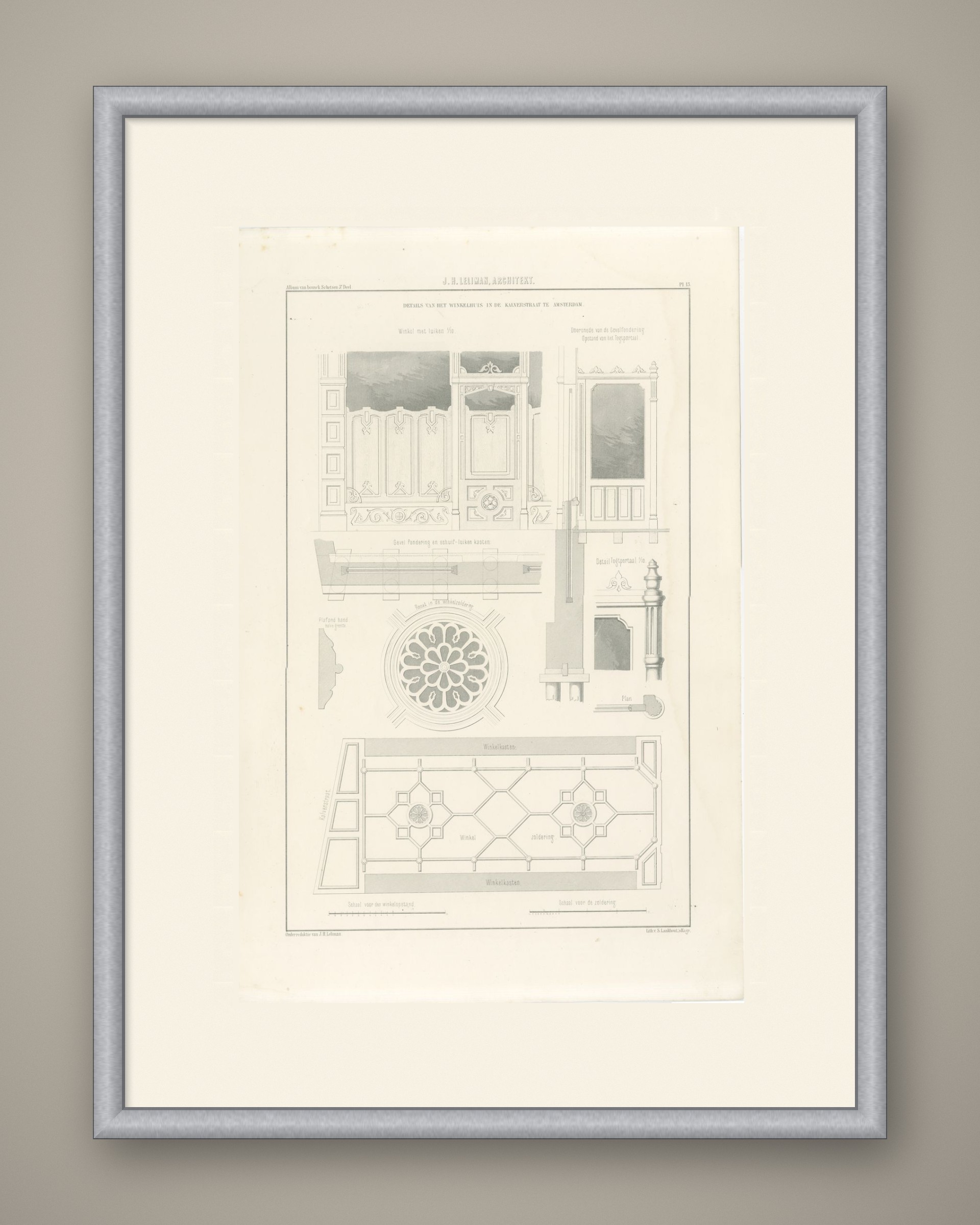 Kalverstraat Shop Details, Dutch Architecture Print, Leliman, 1865-1866, shown framed