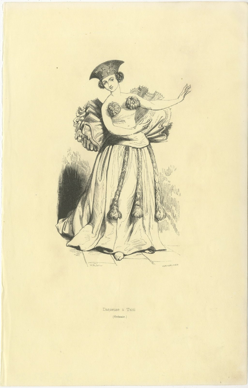Dancer at Tahiti, Antique Wahlen Costume Print, 1843-1844