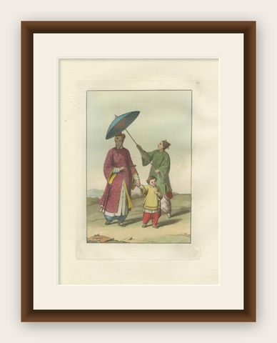 Chinese Noble with Attendant and Child, Hand-Coloured Costume Plate - 1815, shown framed