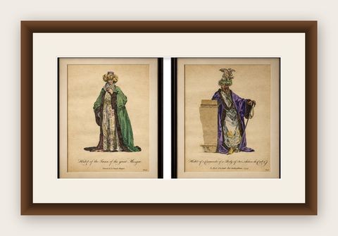 Ottoman Costume Prints Pair, Imam & Court Official, Hand-Colored 1749, shown framed