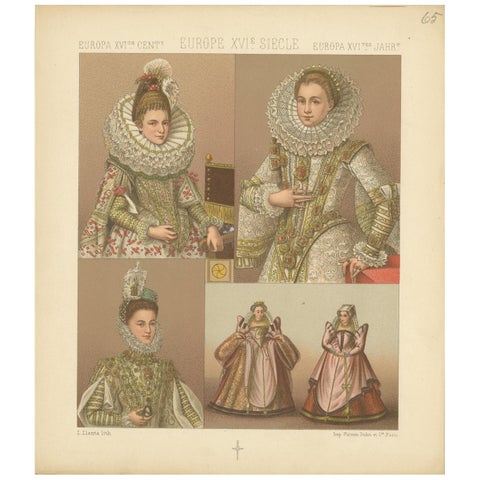 Pl. 65 Antique Print of European XVIth Century Costumes by Racinet 'circa 1880'