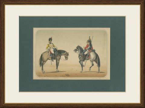 Spanish Cavalry Lithograph by José Villegas: Lancer and Officer, 1861, shown framed