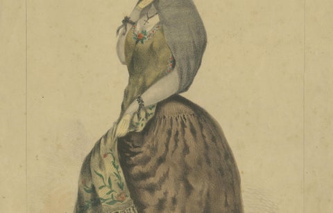 Original Antique Costume Print "La Tapada" of Lima, Peru by A.A. Bonnaffé, 1855, close-up 2