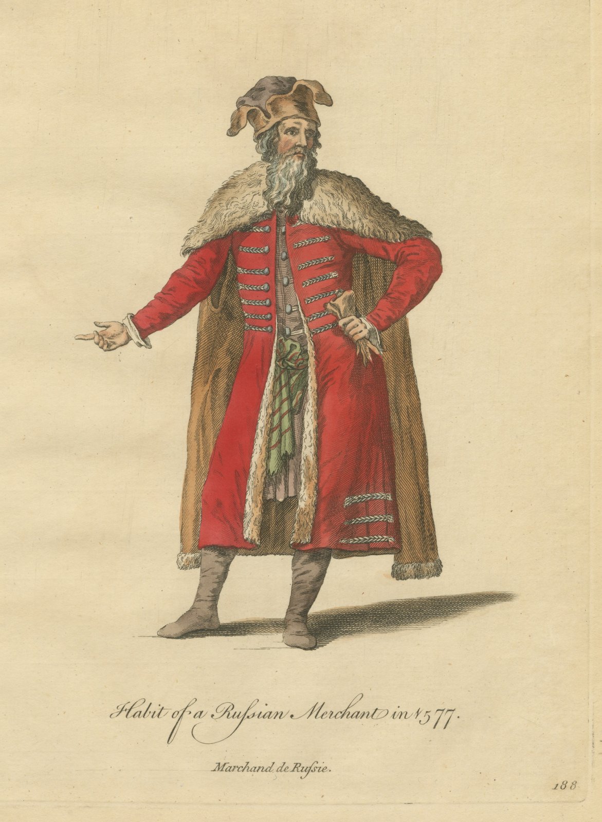 Habit of a Russian Merchant in 1577, Hand Colored Jefferys Costume Plate, 1757
