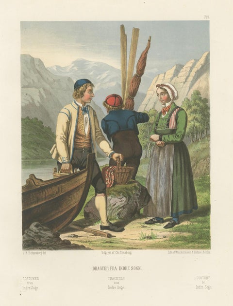 Norwegian Boatmen and Women in Sogn Costume, Scenic Folk Illustration, c.1860, close-up 5
