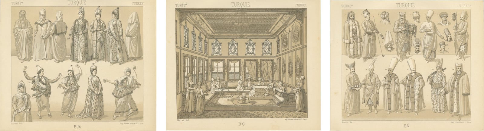 Ottoman Turkey Costume & Interior Lithographs, Paris c.1888 Set of 3