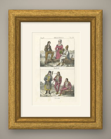 Morlachs by the Sea and Uskoks, Hand Colored Costume Lithograph, 1842, shown framed