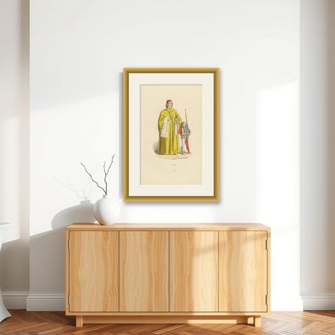Civic Pride: A Podestà's Robe in 'Costume du Moyen Âge', Genuine Lithograph 1847, shown framed on a wall