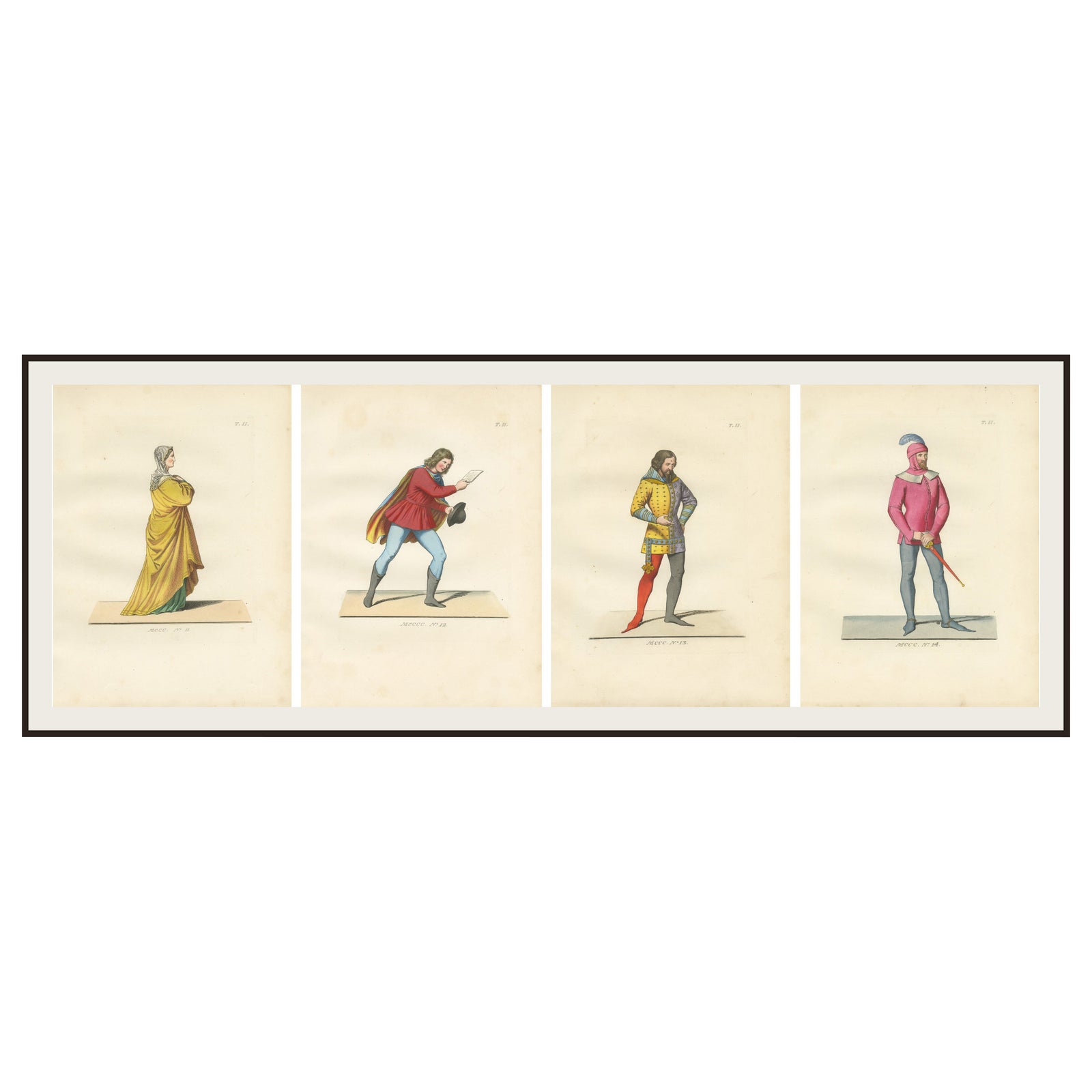 Set of Four Medieval Figures, Hand-Colored Costume Engravings, France 1845