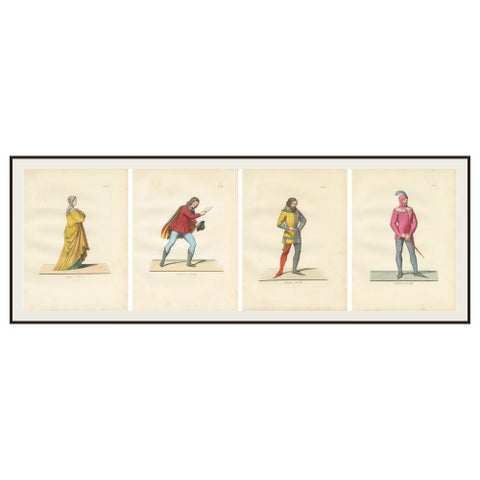 Set of Four Medieval Figures, Hand-Colored Costume Engravings, France 1845