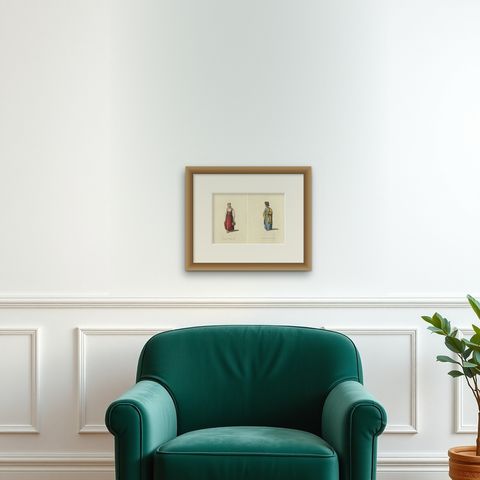 Traditional Attire of Valday: Vestiges of Russian Heritage, Published in 1814, shown framed on a wall