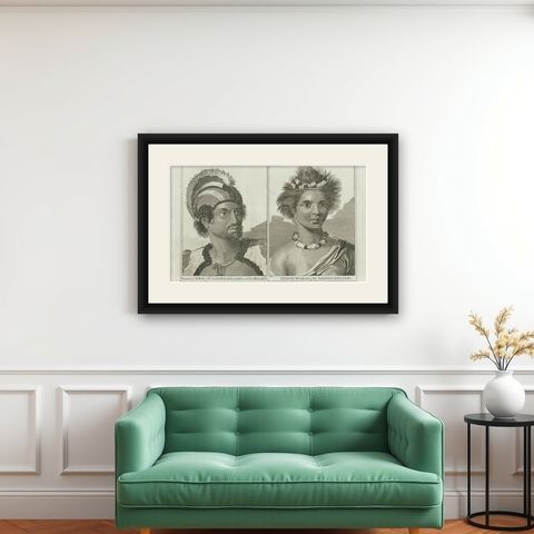 Regalia of the Sandwich Islands: Portraits in Traditional Attire, 1790, shown framed on a wall