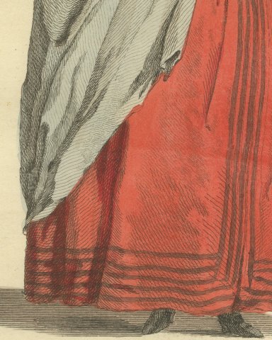 Woman of Quality of Cologne in Gray Veil and Red Skirt, Costume of 1640, 1757, close-up 3