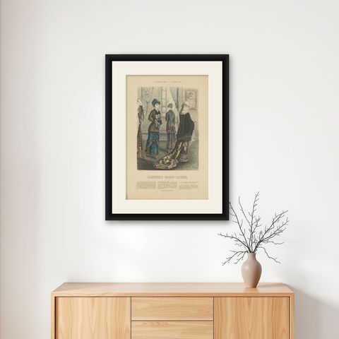 Antique Fashion Print from Germany by Marquart, 1881, shown framed on a wall