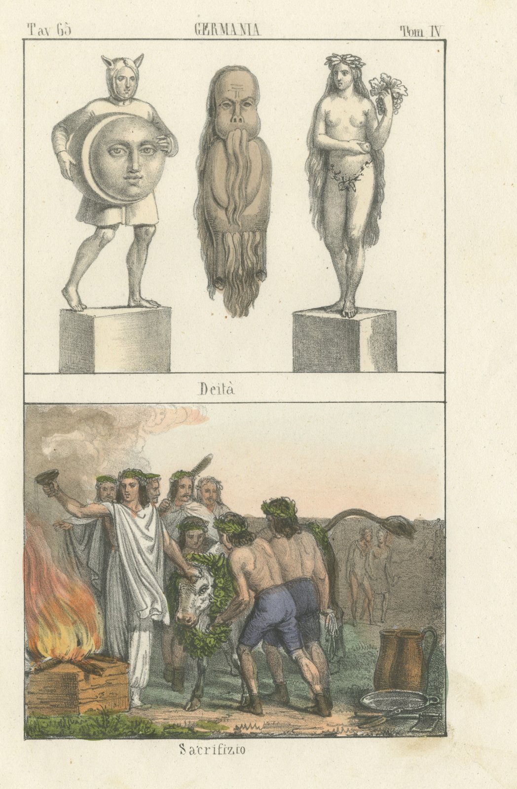 Ancient Germanic Deities and a Sacrifice, Partially Hand Colored, 1842