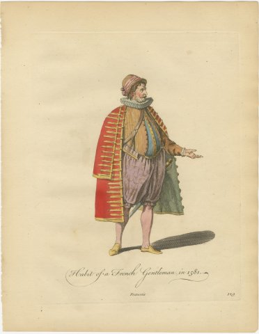French Gentleman in 1581 with a Braided Red Coat, Jefferys Costume Plate, 1757, view 2