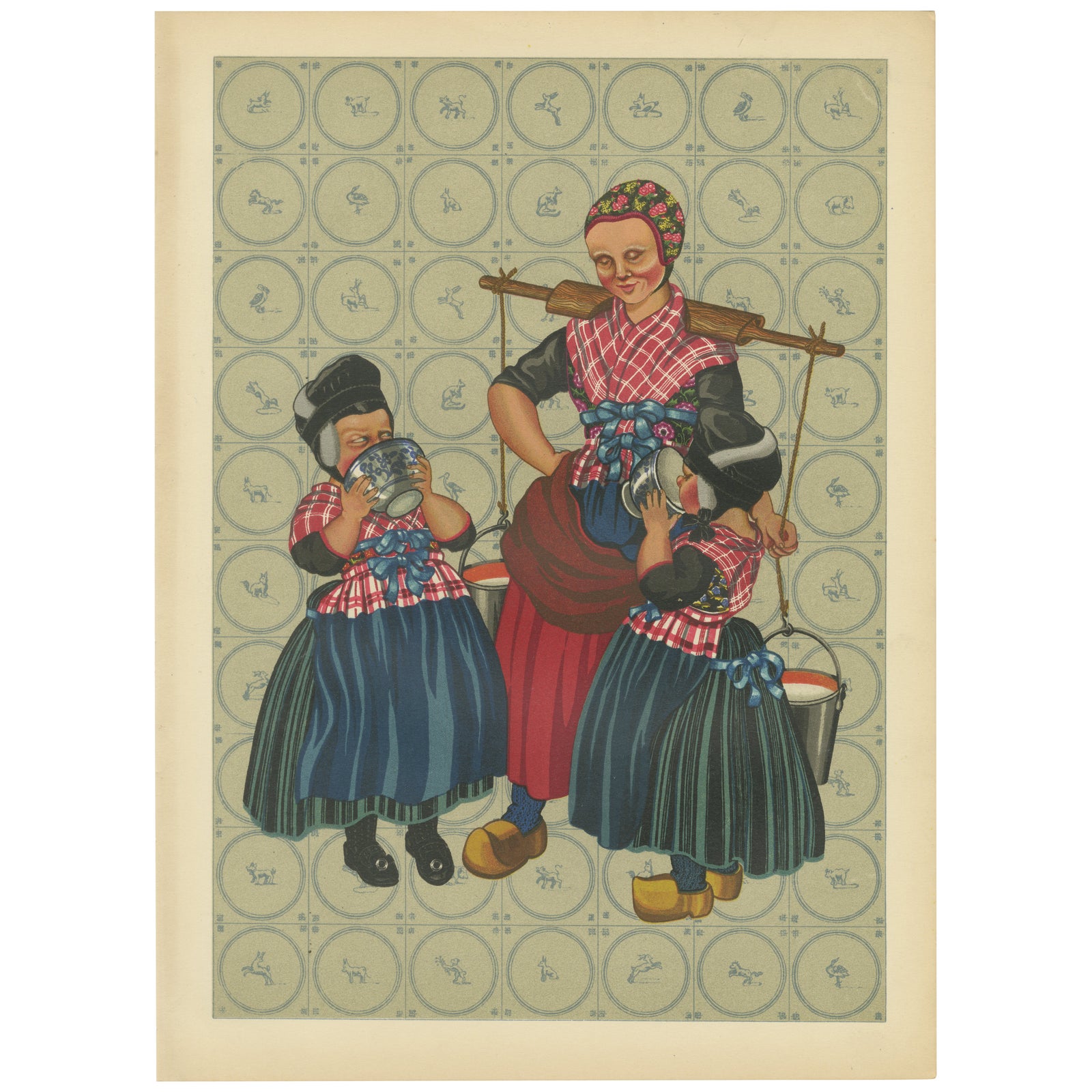Dutch Folk Costume Print, Everyday Staphorst Dress with Children and Milkmaid