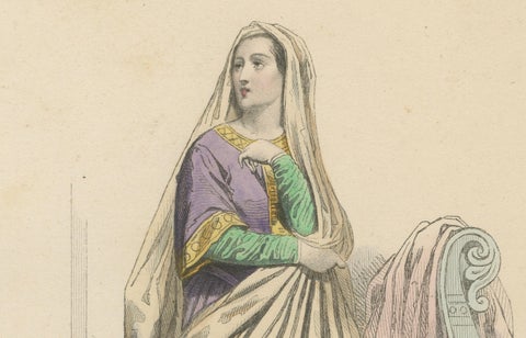 Antique Hand-Colored Fashion Print of a 9th Century Carolingian Lady, circa 1860, close-up 4