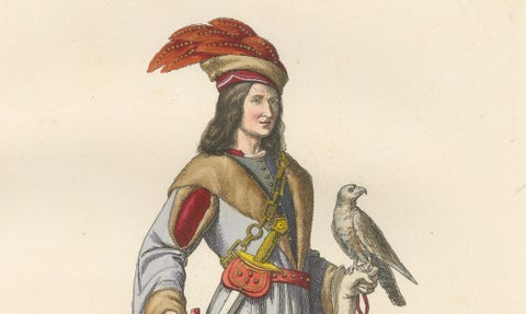 Medieval Falconer Figure, Hand-Colored Costume Engraving, France 1845, close-up 3
