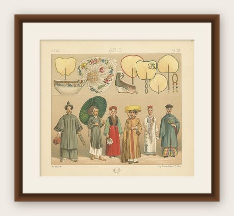 Pl. 55 Antique Print of Asian Costumes by Racinet, 'circa 1880', shown framed