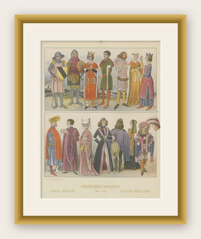 Great Britain 1300–1500 Costume Plate, Antique Hand-Colored Print, ca.1880, shown framed