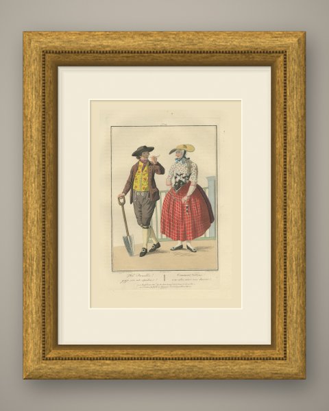 Well Pernelle, a Man with a Spade and a Young Woman, Dutch Costume Print, 1811, shown framed